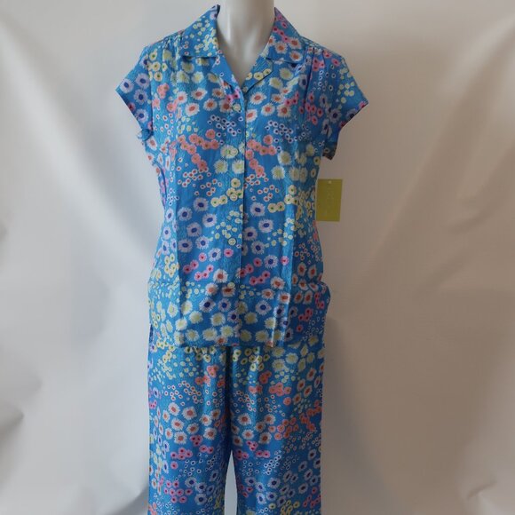 NWT Womens The Cat's Pajamas Cerulean Floral Blue Multi 2 Pc Set Top Bottom L - Picture 6 of 15